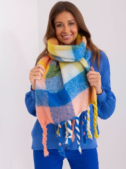 Modro-žlutá károvaná šála s třásněmi