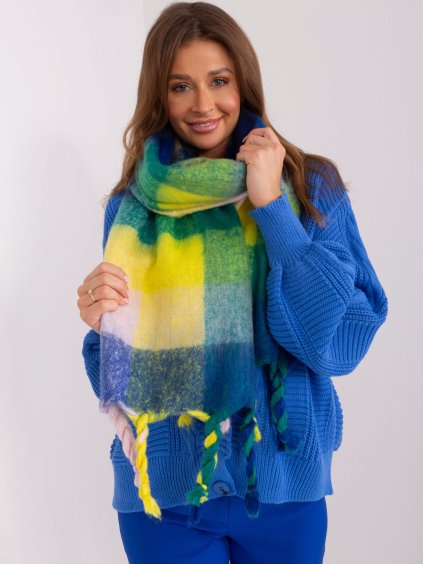 Tmavě modro-žlutá károvaná šála s třásněmi