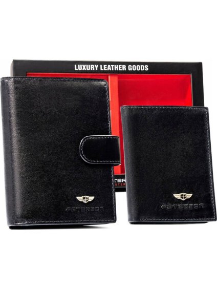 Peterson Dárková sada - černá kožená peněženka, pouzdro na karty a klíčenka I068