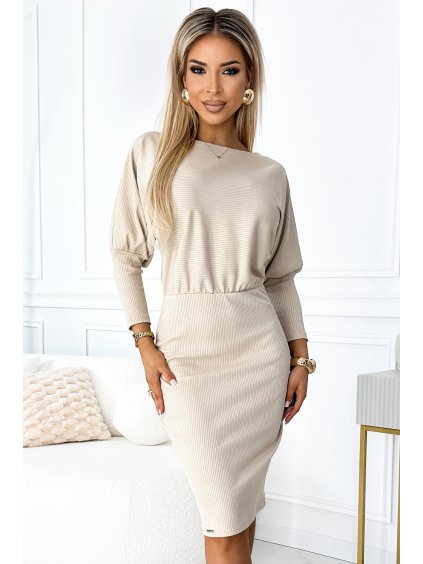 Světle béžové elegantní midi šaty CELIA (Velikost XS)