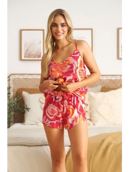 Doctor Nap růžovo-oranžové krátké pyžamo s květinami