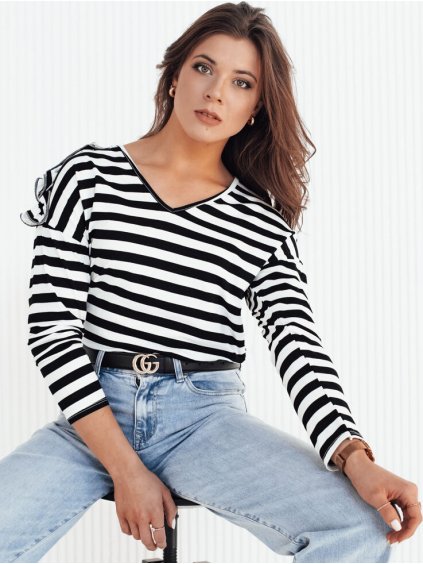 Černo-bílé pruhované tričko s volánky na ramenou HILAN