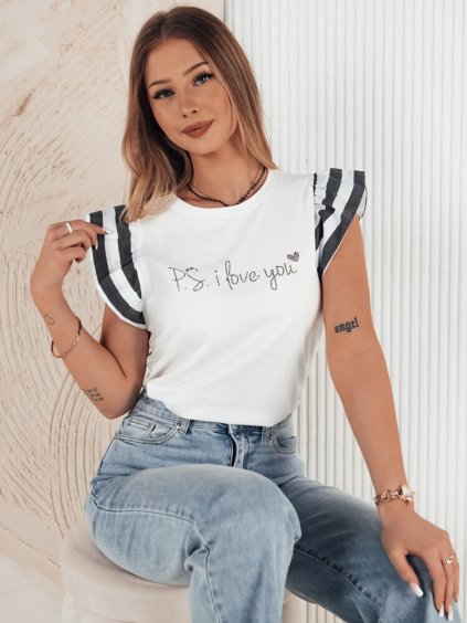 Bílé tričko s tmavě modrými volánky na rukávu AMOURI