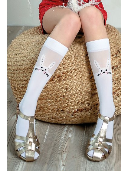 Knittex Bílé dívčí podkolenky Bunny s kamínky 40 den (Velikost 18-22)