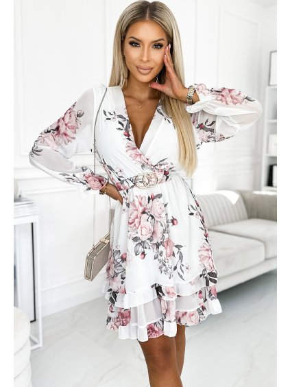 Květované bílé šaty s výstřihem a páskem COSETTA