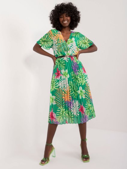 Zelené vzorované midi šaty s páskem