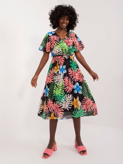 Černé vzorované midi šaty s páskem