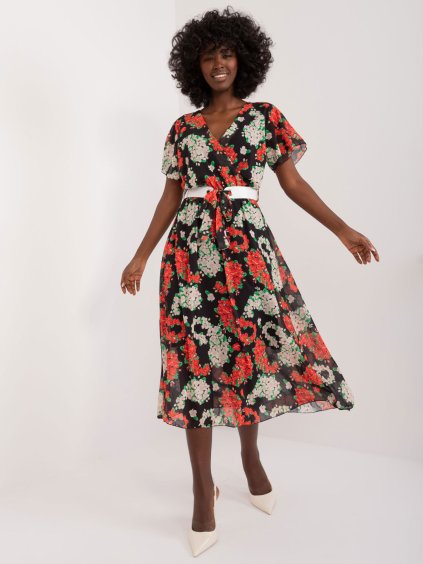 Černo-červené květované midi šaty s páskem