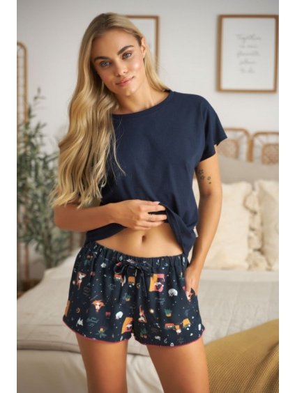 Tmavě modré krátké viskózové pyžamo s potiskem