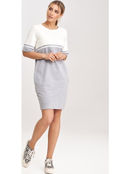 Šedo-smetanové šaty s krátkým rukávem