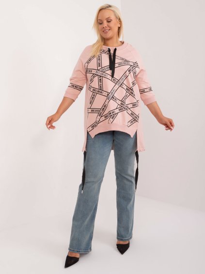 Růžová mikinová tunika s potiskem a 3/4 rukávem