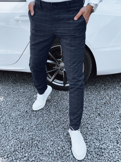 Tmavě modré kostkované společenské kalhoty