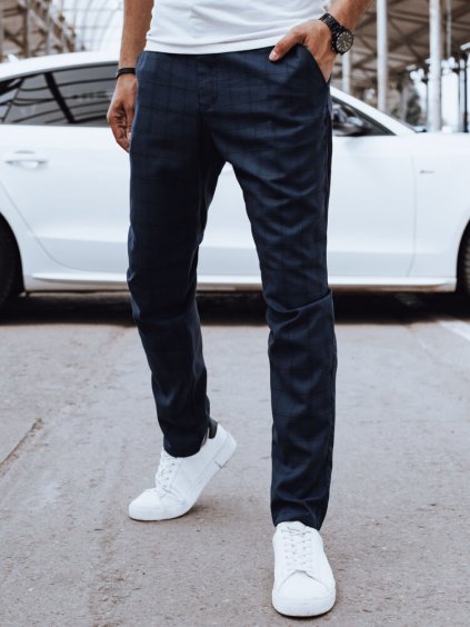 Tmavě modré kárované společenské kalhoty