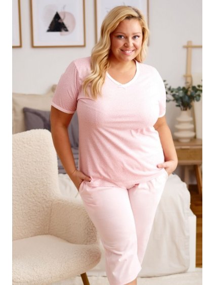Pudrové plus size pyžamo s krátkým rukávem