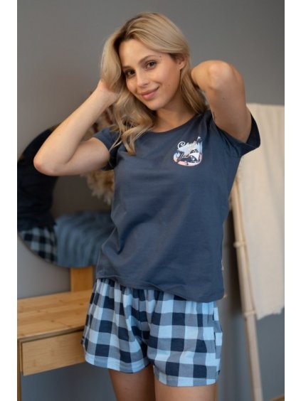 Šedé dámské krátké pyžamo s kostkovanými šortkami