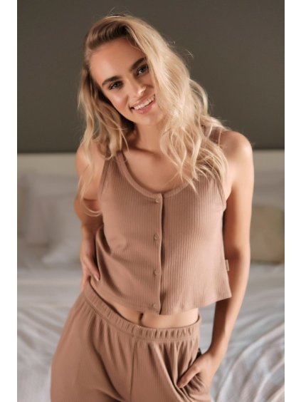 Hnědý pyžamový top z žebrované bavlny