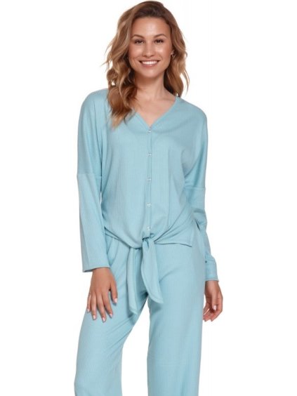 Světle modrá žebrovaná blůzka na patentky a na zavazování