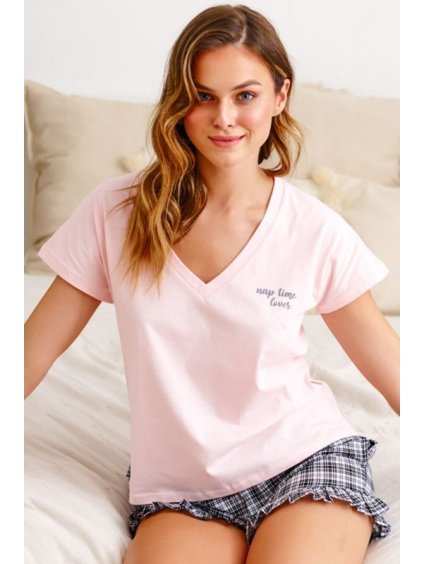 Růžové dámské krátké pyžamo s károvanými šortkami