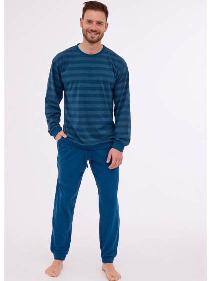 Tmavě modré pruhované dlouhé pyžamo Cornette Loose (Velikost 2XL, Barva modrá)