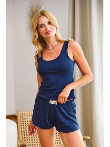 Tmavě modré žebrované pyžamo z bavlny