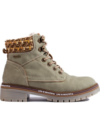 Khaki dámské traperky s pletenou vsadkou