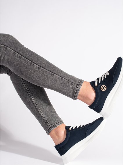 Tmavě modré kožené sneakersy na platformě (Velikost 36)