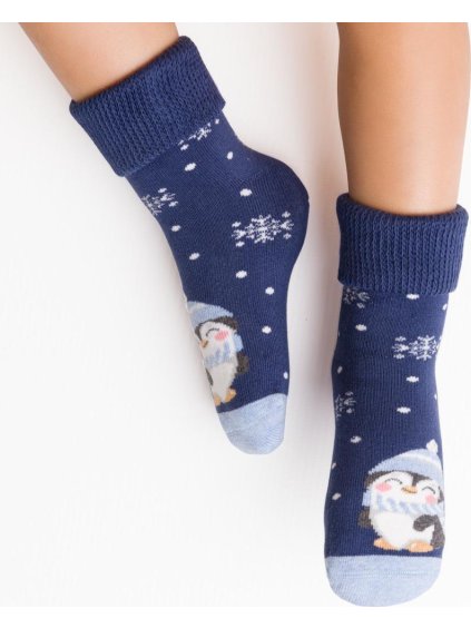 Tmvě modré dětské vánoční ponožky s tučňákem Art.154