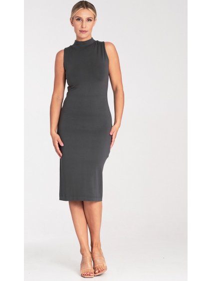 Tmavě vypasované viskózové šaty bez rukávů