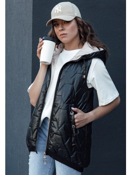 Černá lesklá dámská prošívaná vesta s kapucí COLINE