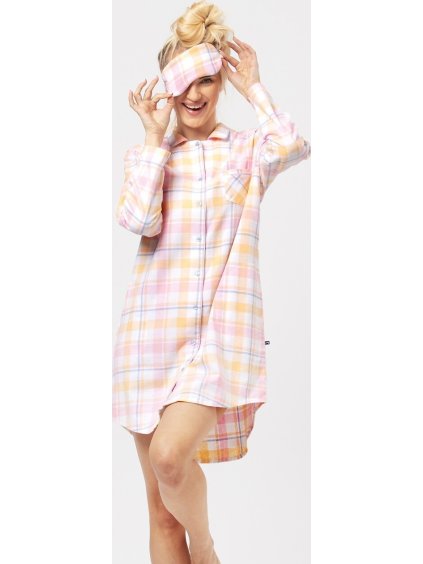 Růžovo-žlutá károvaná flanelová noční košile Key Flanela