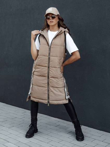 Béžová dlouhá dámská prošívaná vesta s kapucí SKYLER