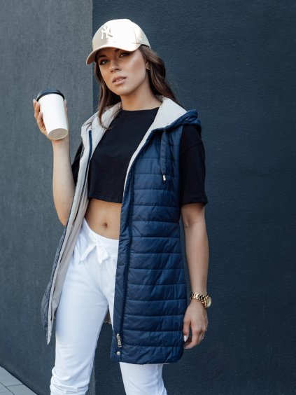 Modro-smetanová dámská oboustranná prošívaná vesta s kapucí MELANI