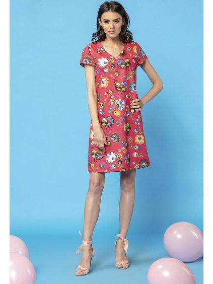 Červené dámské jednoduché šaty máma a dcera s barevným vzorem (Rozmiar S)