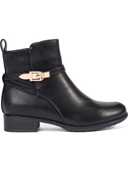 Černé kotníkové dámské boty na nízkém podpatku s ozdobným páskem