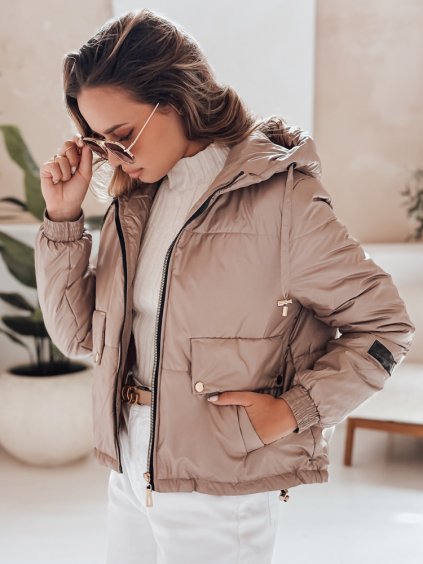 Smetanová lesklá dámská prošívaná bunda ARON s kapucí