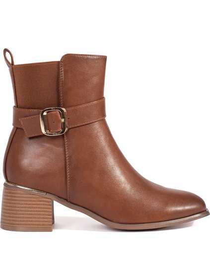 Hnědé dámské kotníkové boty na sloupkovém podpatku s přezkou, podpatek 5,5 cm