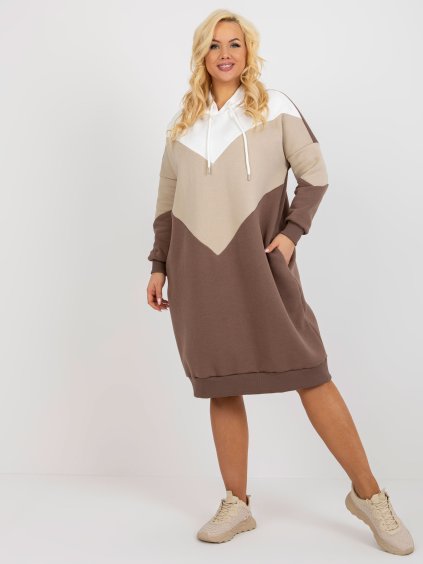 (Vel. ONE SIZE) Mikinové plus size šaty - smetanová/béžová/hnědá (Velikost ONE SIZE)