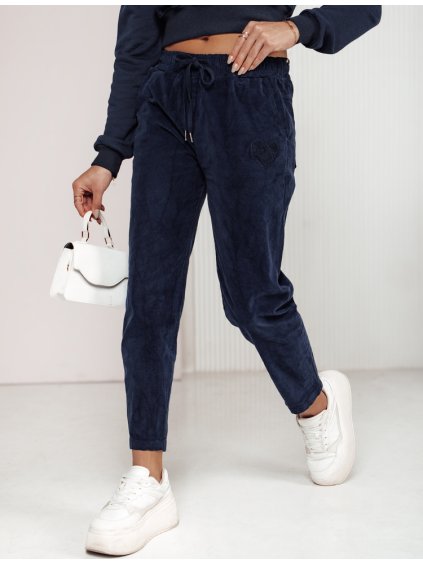 Tmavě modré dámské manšestrové kalhoty s gumou v pase VELVITO