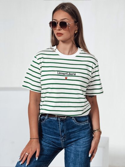 Bílo-zelené pruhované tričko s nápisem TUMULS