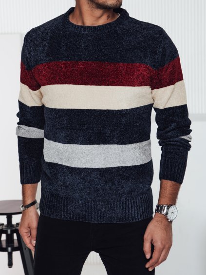 Tmavě modrý teplý pánský svetr s módními pruhy