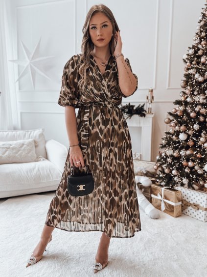 Hnědé elegantní midi šaty s jemným vzorem ANIMALIA