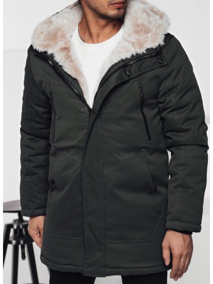 Tmavě zelená pánská zimní parka s kapucí a kožíškem
