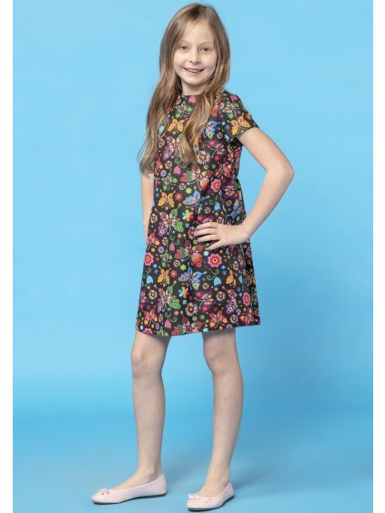 Černé dívčí vzorované šaty máma a dcera s řasením na zádech (Rozmiar 68)