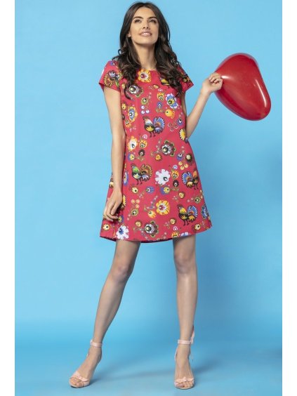 Červené dámské vzorované šaty máma a dcera s řasením na zádech (Rozmiar S)