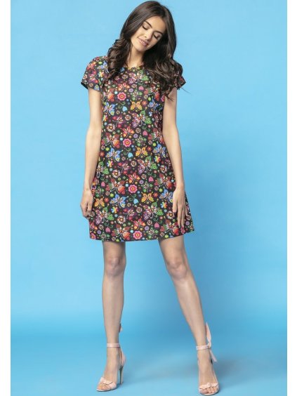 Černé dámské vzorované šaty máma a dcera s řasením na zádech (Rozmiar S)