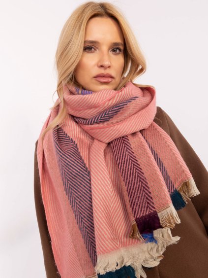 Růžový dámský pruhovaný šál zakončený třásněmi