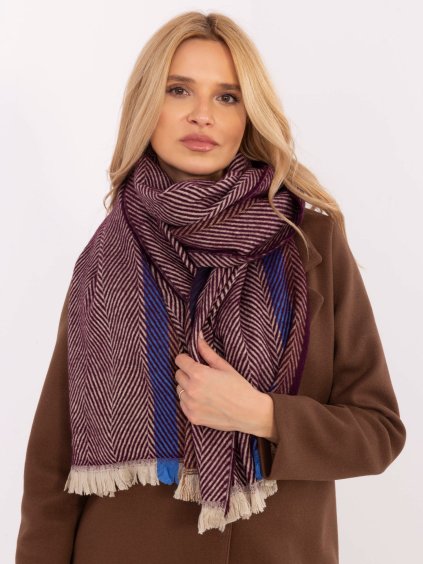 Vínový dámský pruhovaný šál zakončený třásněmi