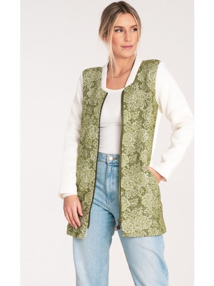 Bílo-zelený dámský vlněný kabát s límcem