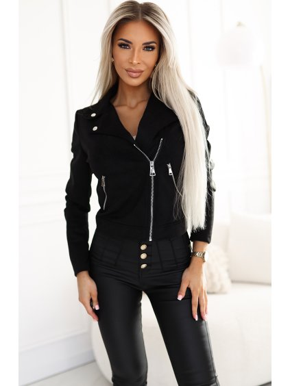 Semišová černá bundička s dlouhým rukávem a zipy RAMIA