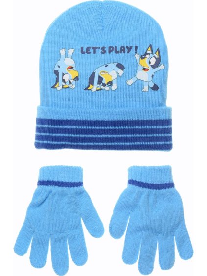 Světle modrý chlapecký set čepice a rukavic Bluey